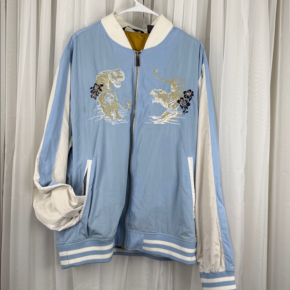 Sean John Tiger Embroidered Bomber Jacket Mens 3XL Blue White Full Zip Polyester